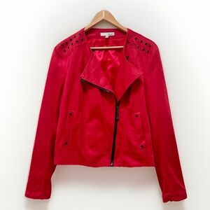WDNY Red Faux‎ Suede Moto Jacket XL Studded Collar Asymmetrical Zip